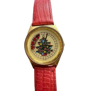 VTG R&R Christmas Watch Women’s Leather Red Band Bear Train Holiday